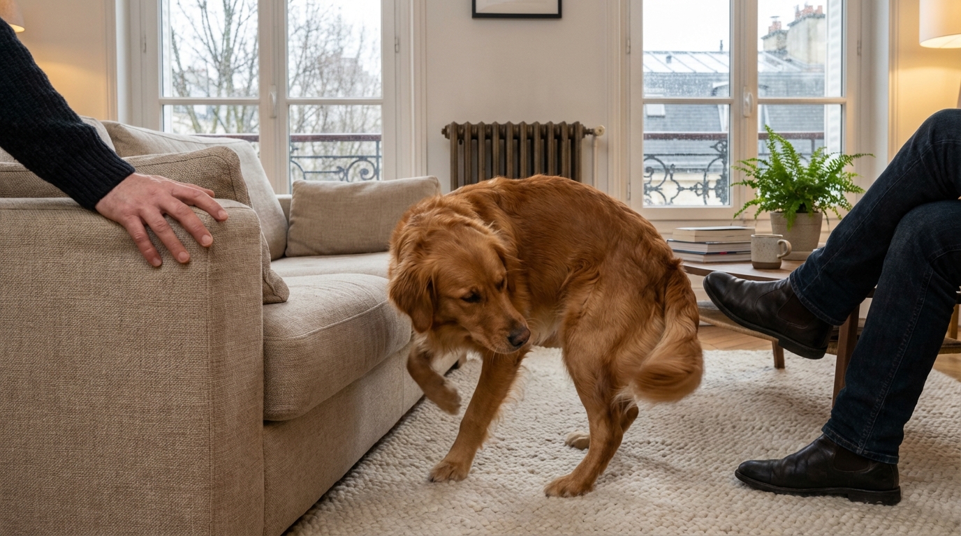 Ce geste répété de votre chien contre les meubles cache un souci : quand appeler le vétérinaire sans tarder si vous tenez à lui