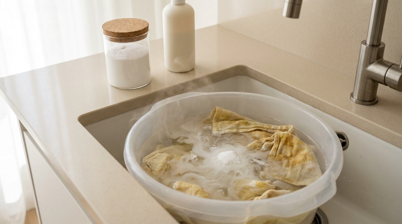 Ce produit naturel dont personne ne parle redonne vie aux torchons de cuisine jaunis et graisseux en un seul trempage