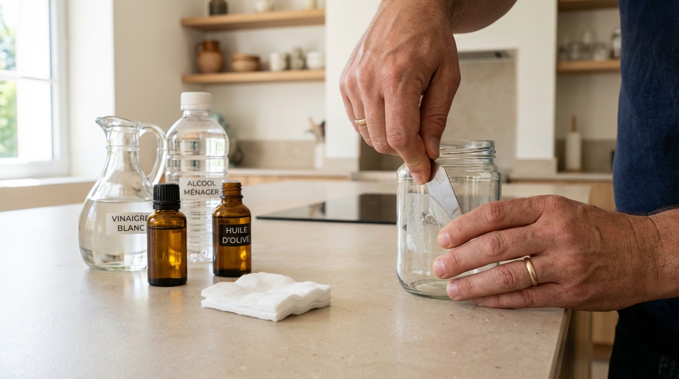Cette préparation express en 2 minutes avec 3 produits retire la colle sur le verre sans trace (et sauve vos bocaux)