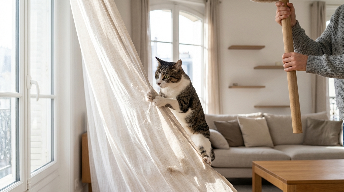 Si votre chat grimpe aux rideaux, voici ce que ça révèle vraiment sur son caractère (et comment l’en empêcher sans le punir)