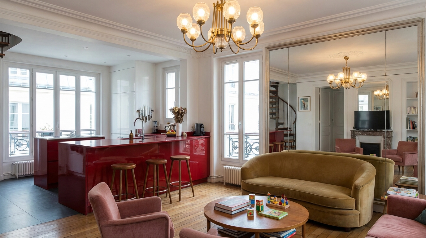 Dans ce duplex de la capitale, toute la rénovation se concentre sur cette pièce centrale façon cabaret (et c’est bluffant)