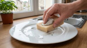 Assiettes blanches ruinées par ces traces grises : ce produit du placard les efface enfin en quelques secondes