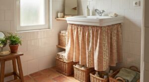 Ce rideau rétro dans la salle de bains la réchauffe instantanément (locataires et fans de déco cottagecore se l’arrachent)